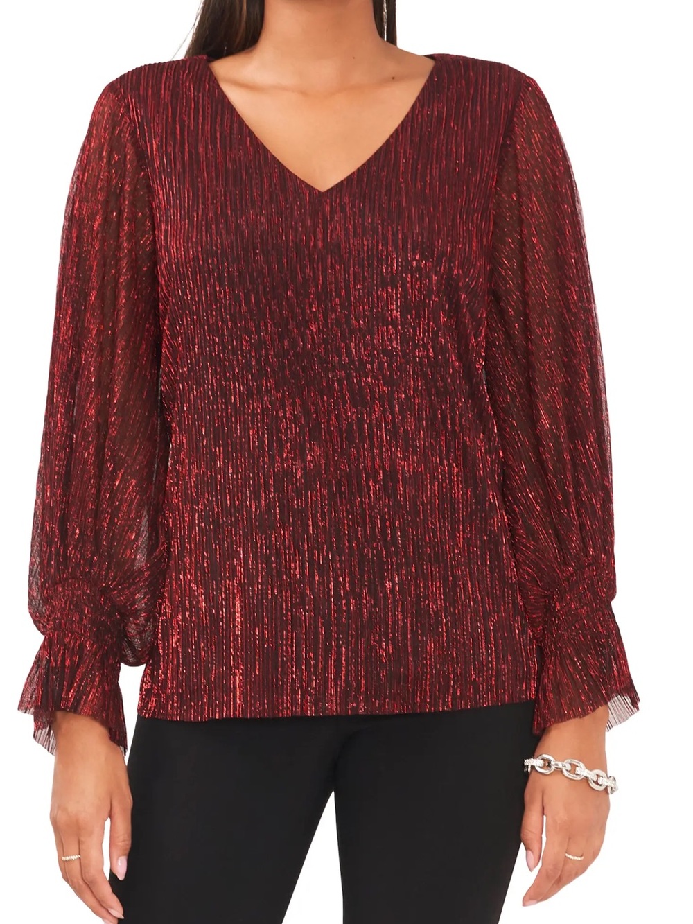 NWT Vince Camuto Smocked Cuff Red Metallic Top Size L
